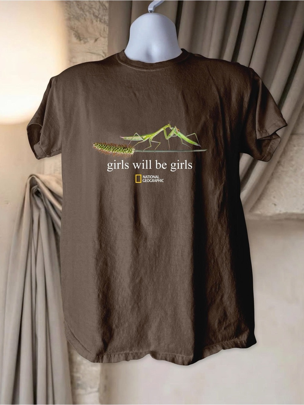 Gildan Brown Tee with Green Praying Mantis Graphic